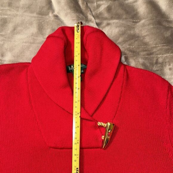 LRL PM Cotton Bright Red Gold Shawl Button Detail Neck Knit Pullover Sweater - Picture 12 of 16